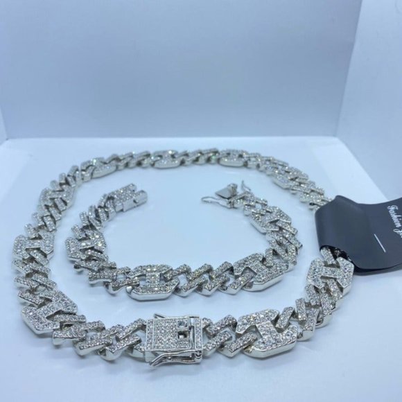 Customized & Personalized Other - 18K Plated Iced Out CZ Crystal Cuban Link Chain with Bracelet SET Silver